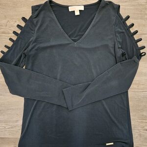 Michael Kors Black V-Neck Blouse with Cut-Out Sleeves